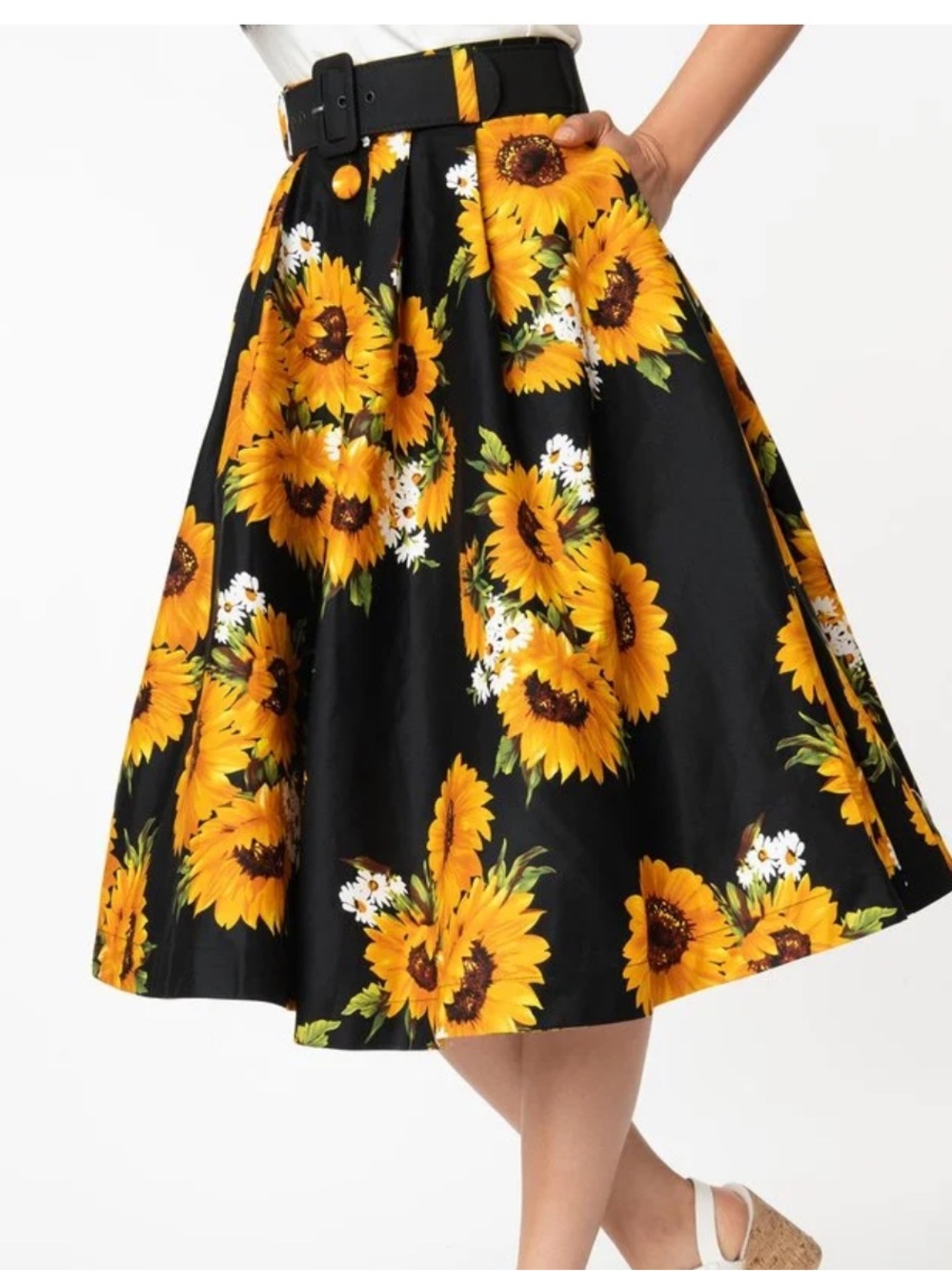 Sunflower Print Black Midi Skirt